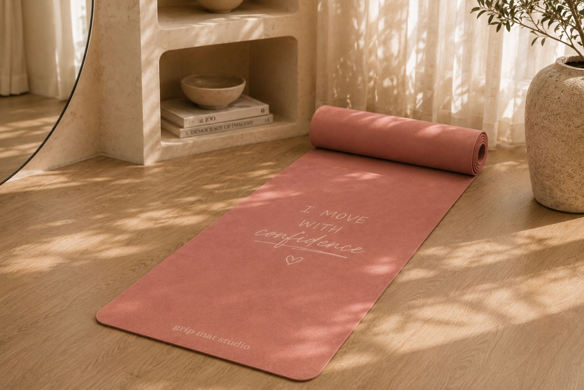 Dusty pink yoga mat with motivational design in a sunlit wellness studio