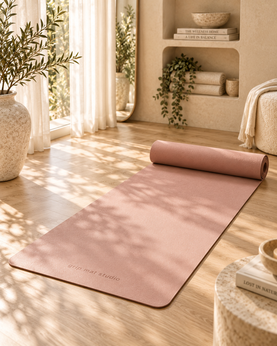 Dusty pink yoga mat with motivational design in a sunlit wellness studio
