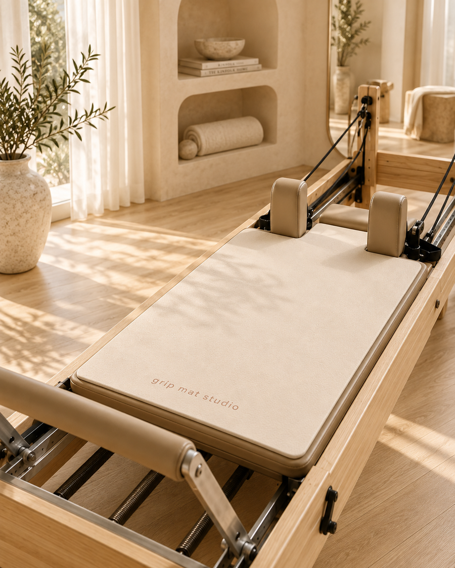 Pink Pilates reformer grip mat on a beige reformer in a luxury Pilates studio