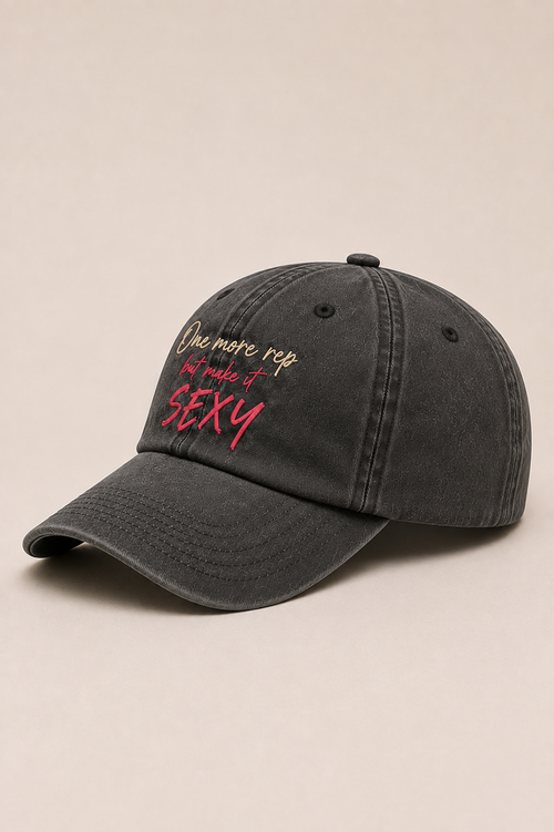 Side view of One More Rep washed charcoal cotton Pilates baseball cap
