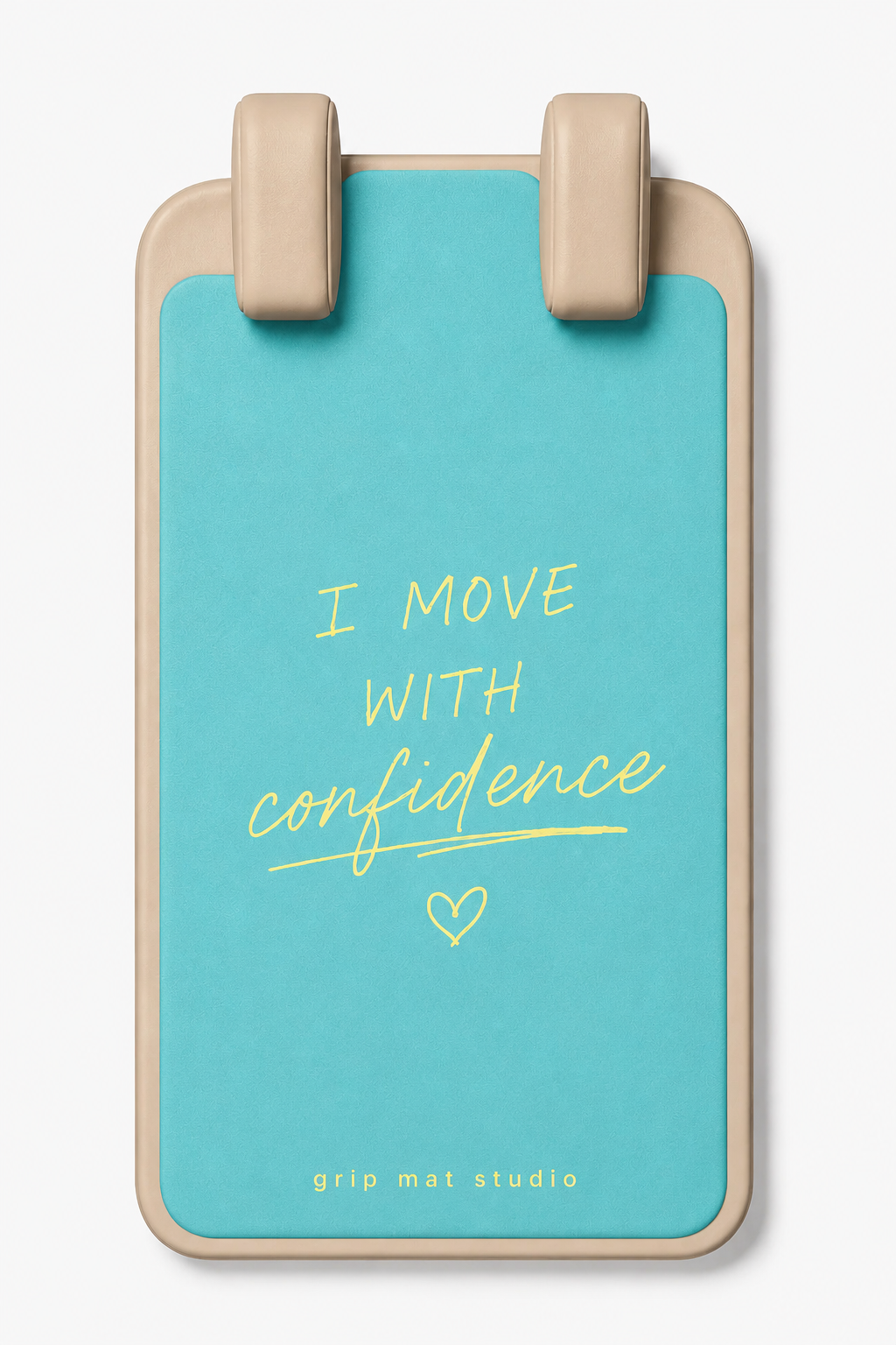 A turquoise and beige grip mat featuring the motivational quote 'I MOVE WITH confidence' in yellow text, with 'grip mat studio' printed at the bottom.