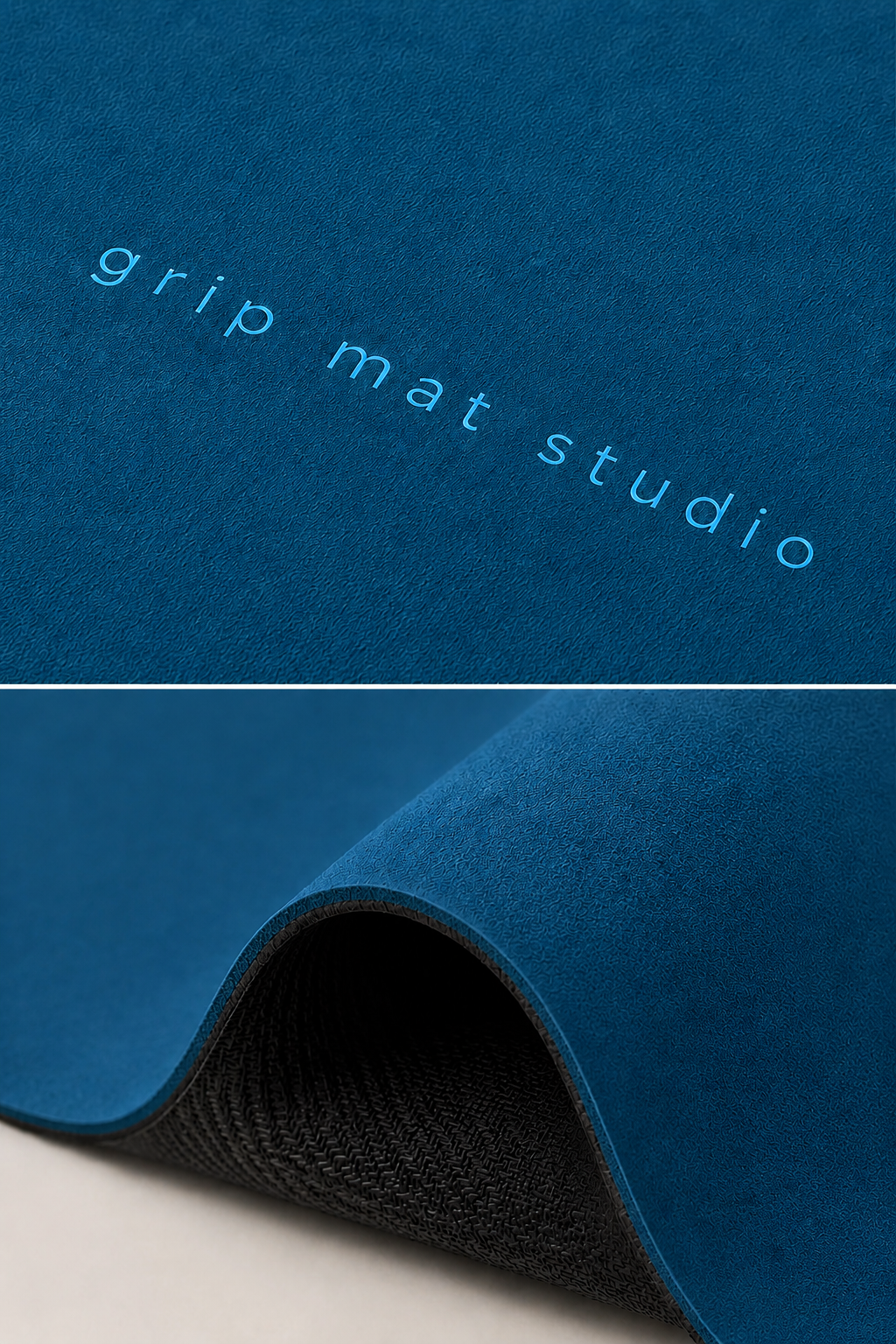 A close-up of a blue grip mat with the text 'grip mat studio' printed on it, showing both the top textured surface and the rolled underside revealing a black non-slip backing.