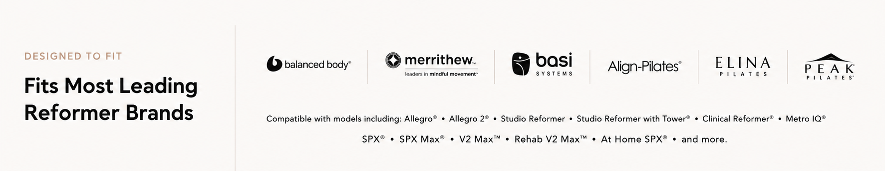A screenshot of the Grip Mat Studio website showing compatibility information for reformer exercise machines. The page features the 'Grip Mat Studio by calisthenic' logo at the top, a list of compatible brands including Balanced Body, Merrithow, Basi, Align-Plates, ELINA, and PEAK, and feature icons for soft suede surface, non-slip rubber backing, machine washable, and made to last at the bottom.