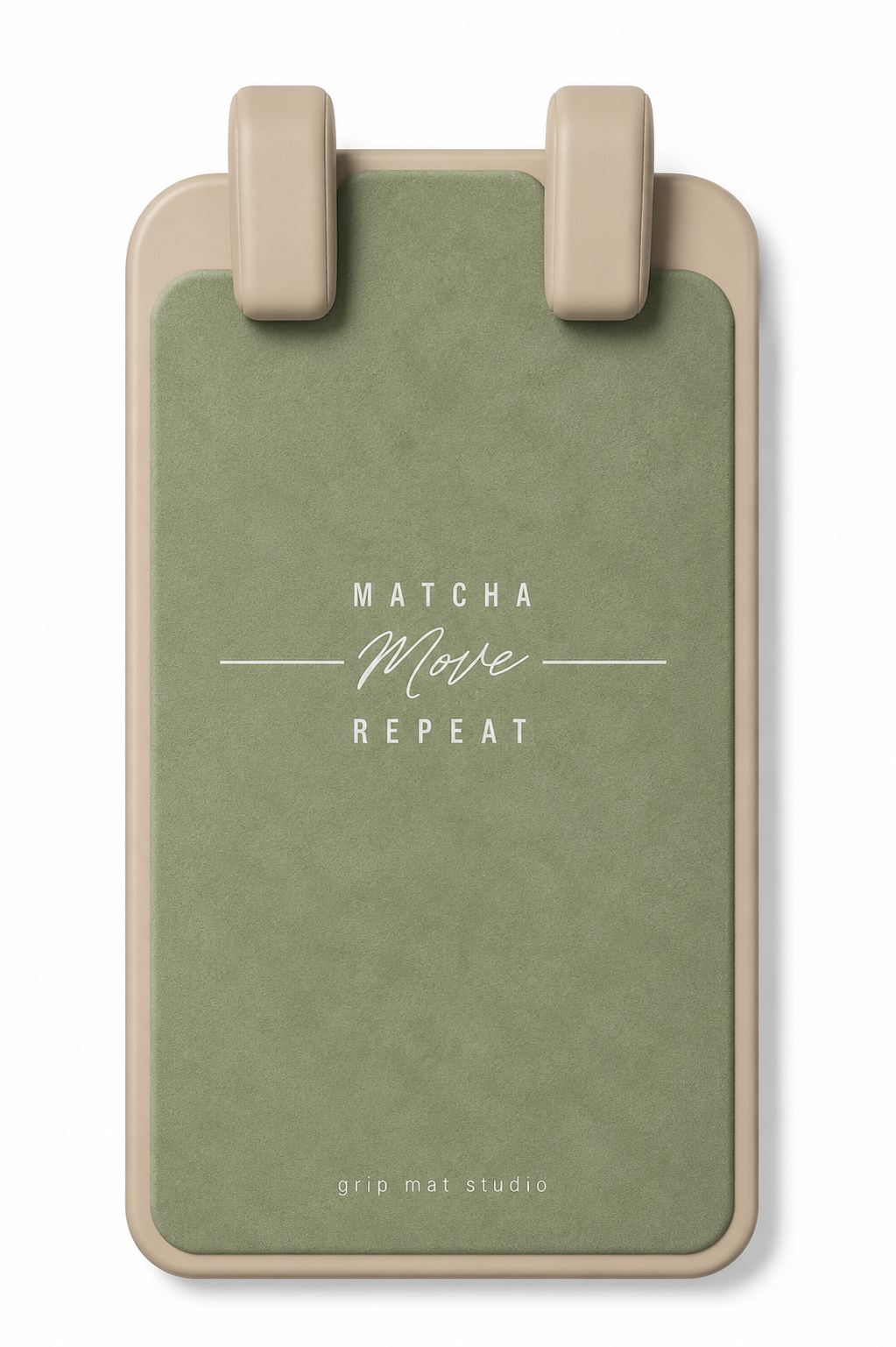 A rectangular grip mat with rounded corners in a muted sage green color, featuring a beige outer frame and two beige handle-like tabs at the top. White text on the mat reads 'MATCHA Move REPEAT' with 'grip mat studio' at the bottom, shown on a clean white background.