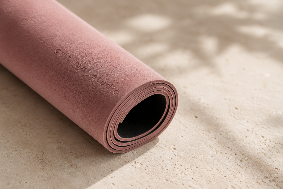 A rolled-up dusty pink yoga mat with the brand name 'grip mat studio' debossed on the side, resting on a textured beige stone surface with soft leaf shadows.