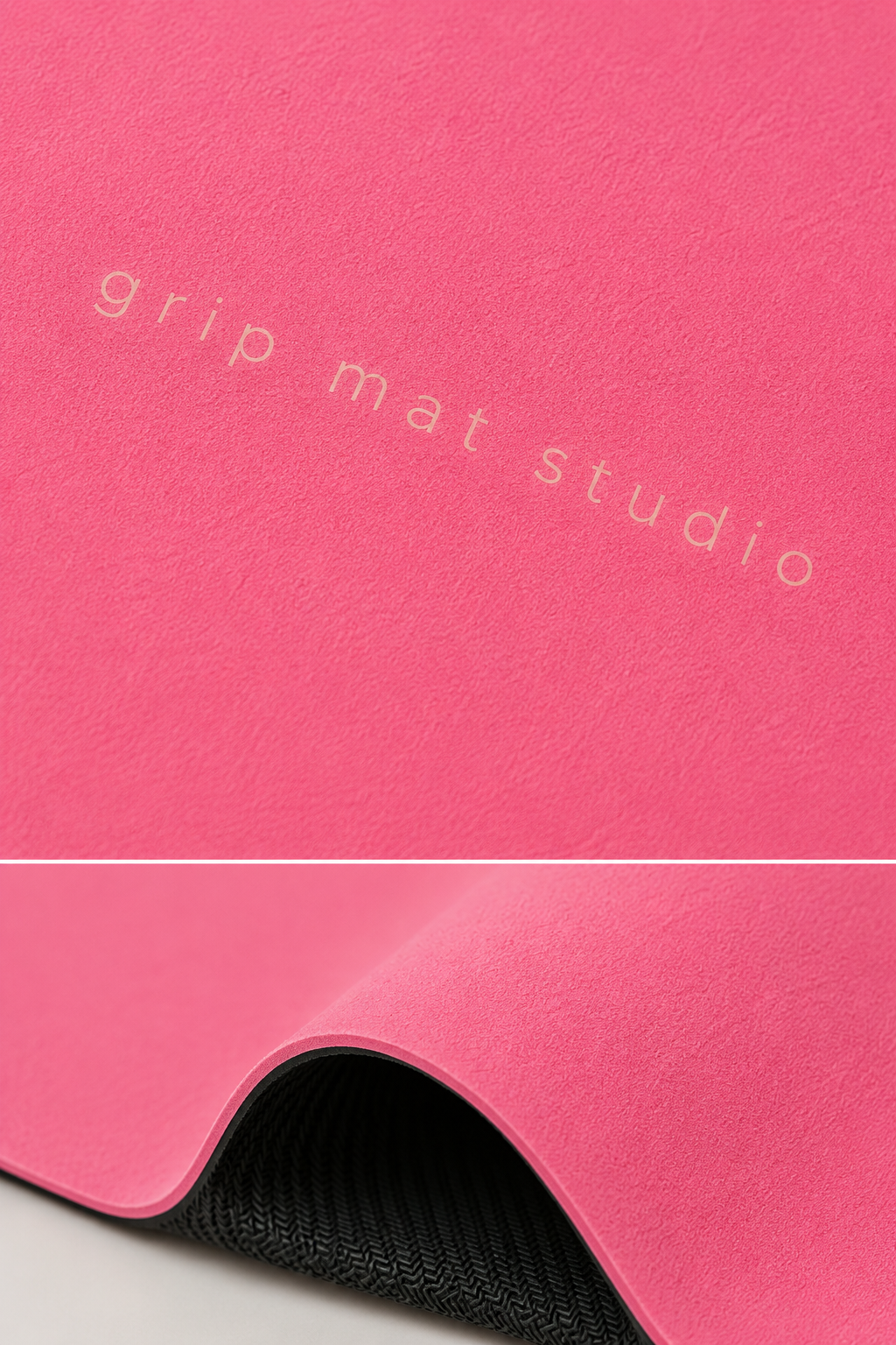Pink grip mat with a textured surface and a black non-slip underside, shown partially rolled with the brand name 'grip mat studio' printed on it.