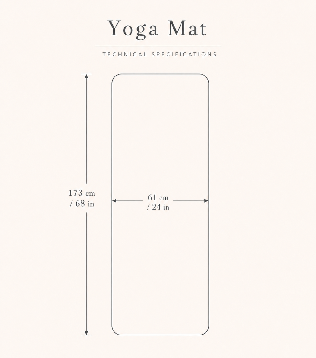 Technical specification diagram of a yoga mat showing its dimensions: 173 cm in height and 61 cm in width, on a light cream background.