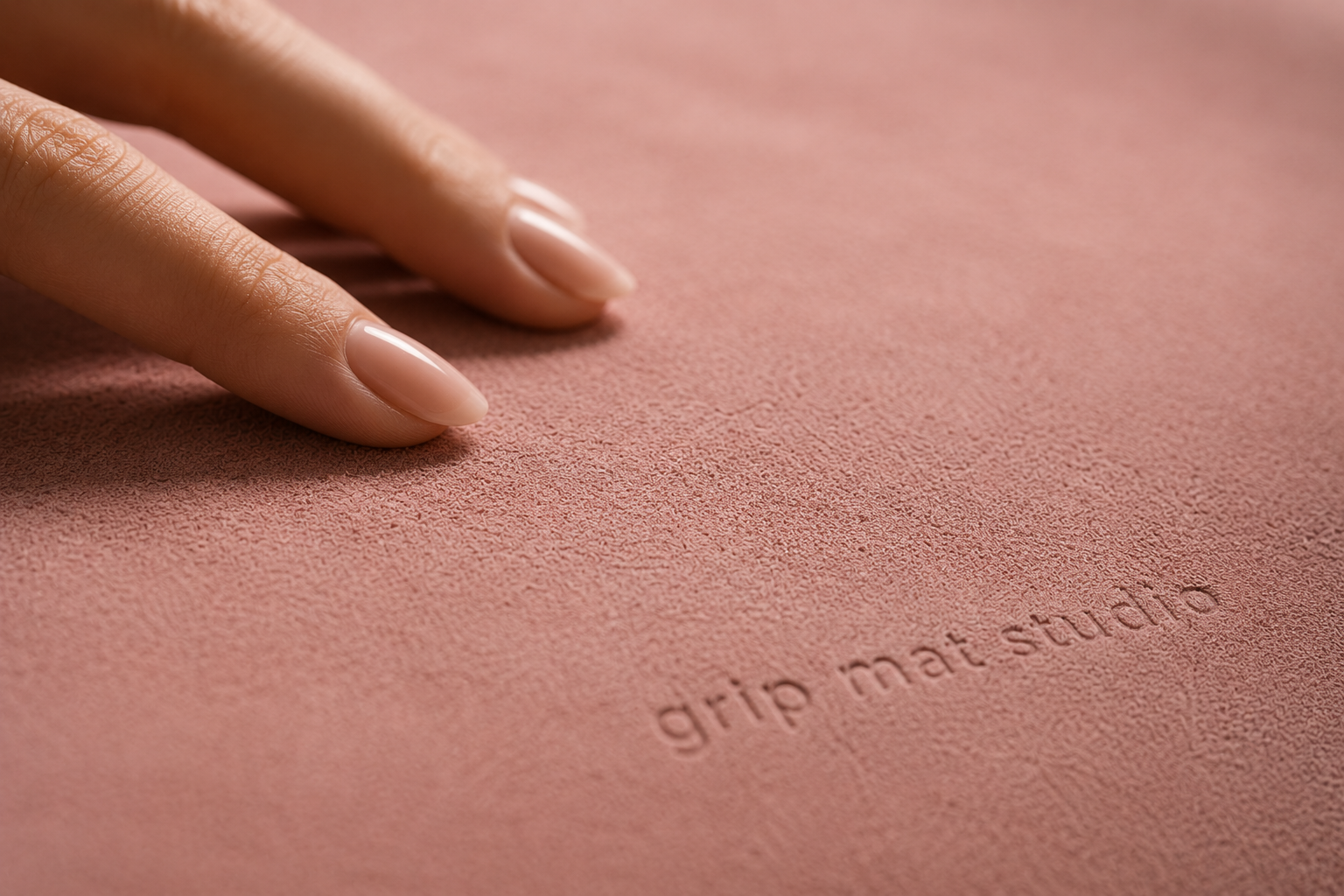 A close-up of a hand with manicured nails resting on a dusty rose textured grip mat, with the debossed brand name 'grip mat studio' visible in the lower right.