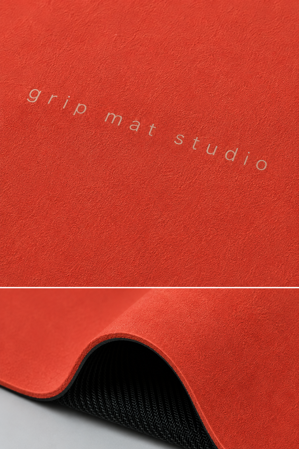 A close-up of a red grip mat with the brand name 'grip mat studio' printed on it, showing a textured surface and a folded corner revealing a black textured backing.