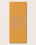 Honey mustard yoga mat with lavender “Move Your Soul” text and Grip Mat Studio logo.