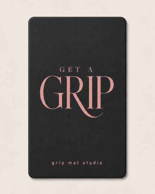 Rose Noir Get a Grip yoga and Pilates mat with blush pink typography by Grip Mat Studio