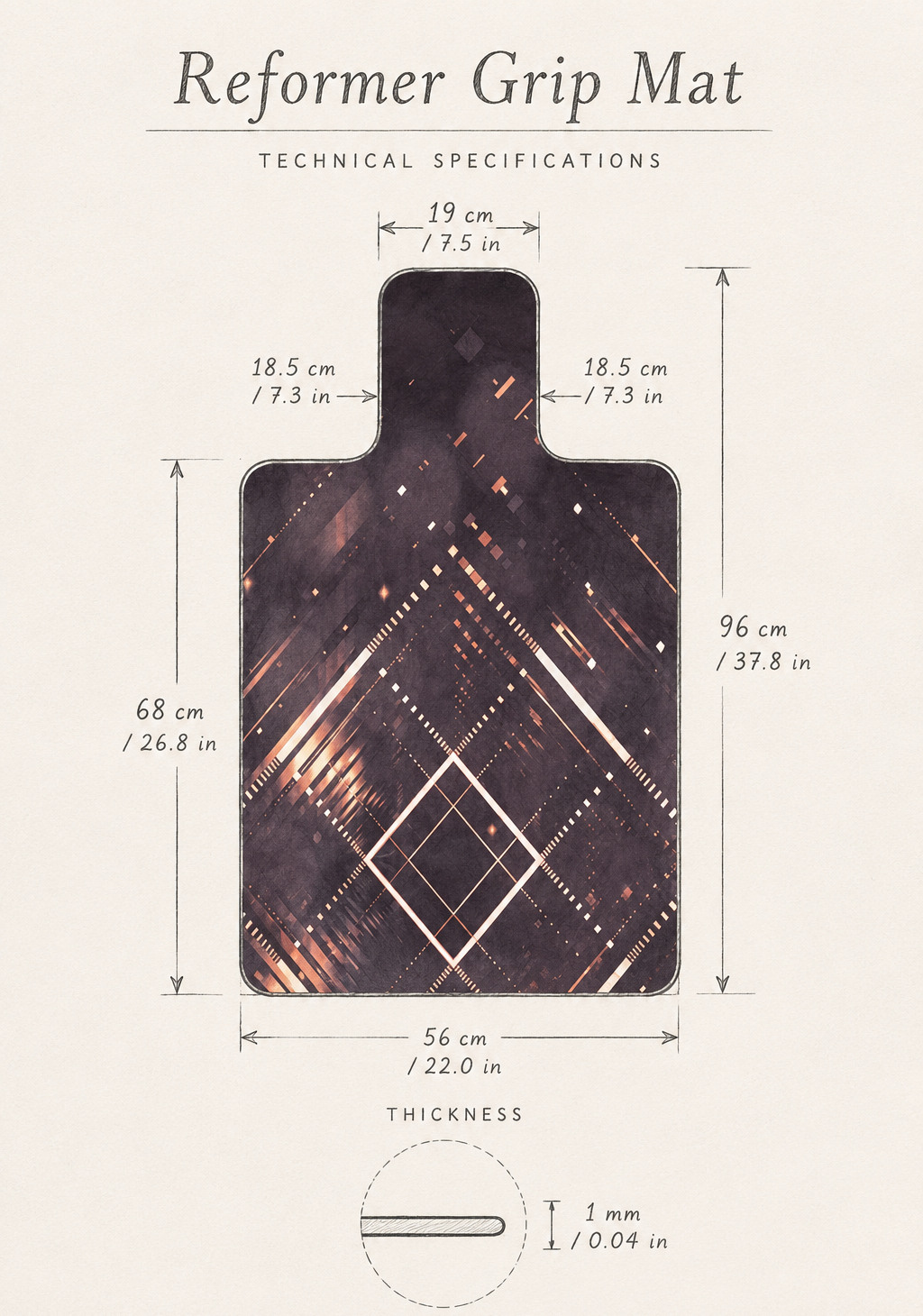 Technical specification diagram of a Reformer Grip Mat showing dimensions, thickness, and a close-up of the grip texture on a light beige background.