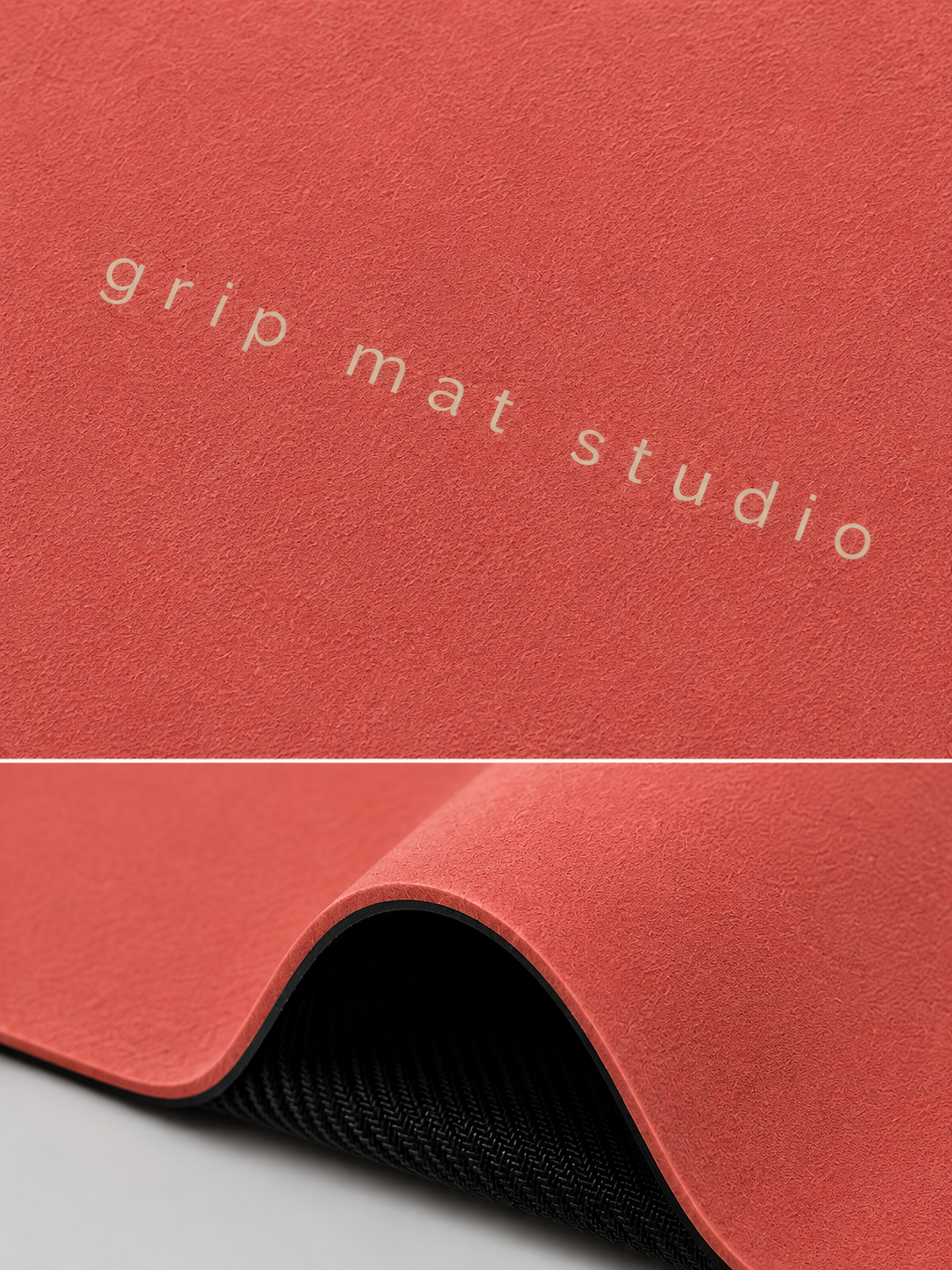 A close-up of a coral red yoga or grip mat with the words 'grip mat studio' printed in white near the top, and the lower portion showing the mat folded over to reveal a black textured underside.
