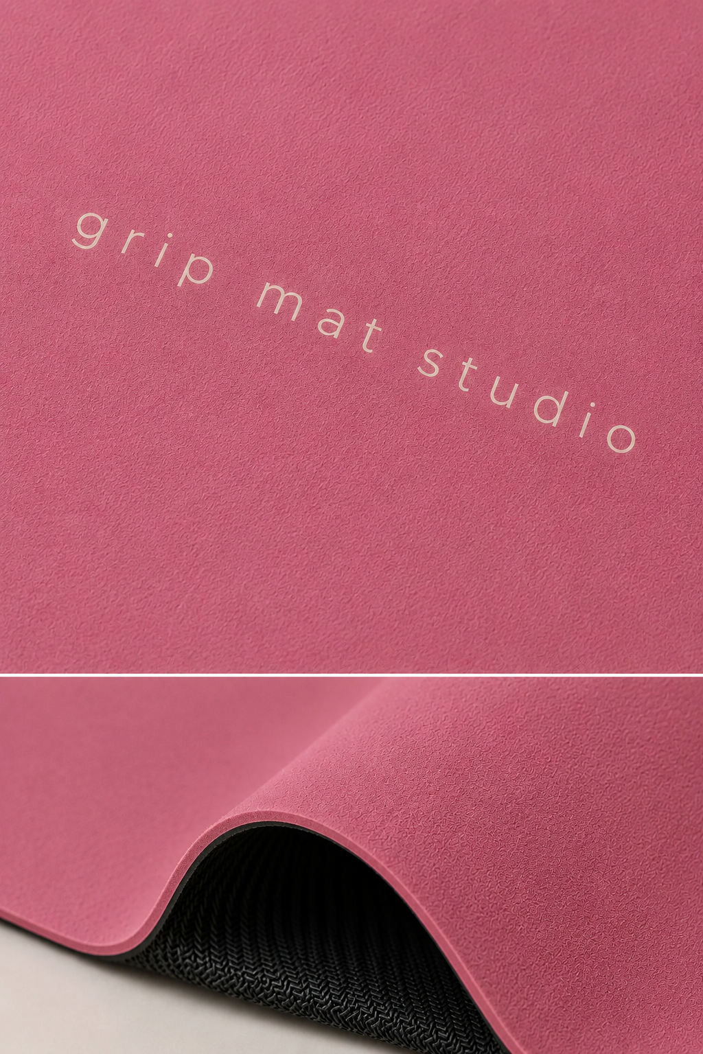 Pink grip mat with a textured surface and a black non-slip underside, shown with the brand name 'grip mat studio' printed on it.
