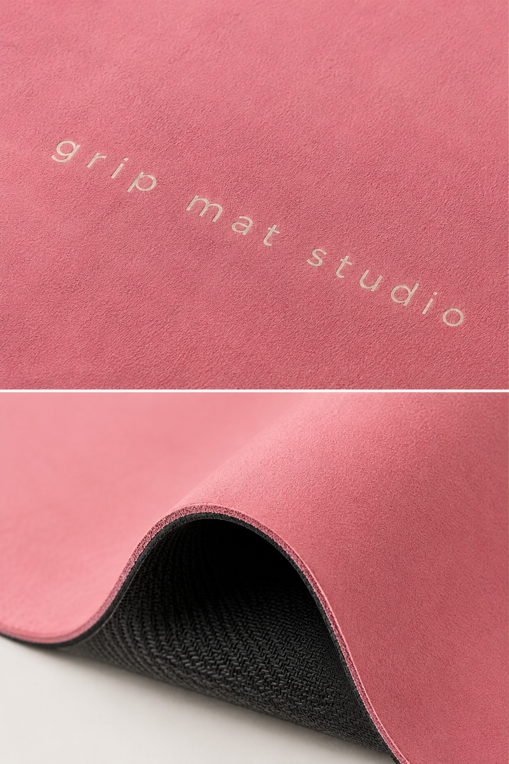 Pink grip mat with white 'grip mat studio' text printed on top, shown in a close-up with the bottom edge folded over to reveal a black textured underside.