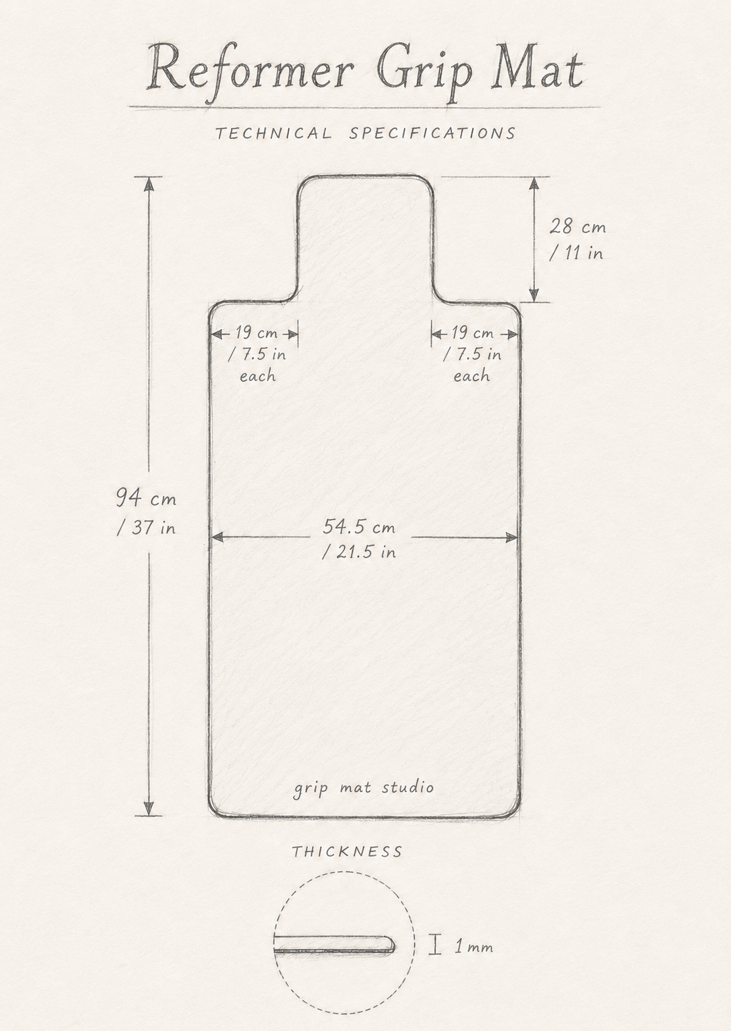Technical specification diagram of a Reformer Grip Mat by grip mat studio, showing dimensions, thickness, and measurements on a light beige background.